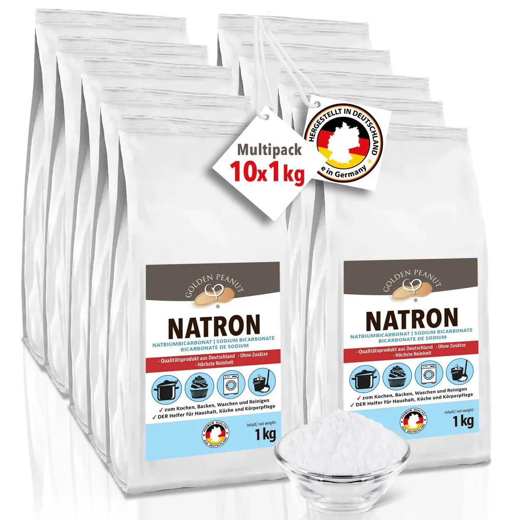GOLDEN PEANUT Baking Soda Powder 10 x 1 kg Refill Pack Sodium Bicarbonate Baking Soda Baking Powder Washing Soda Food Grade from Germany
