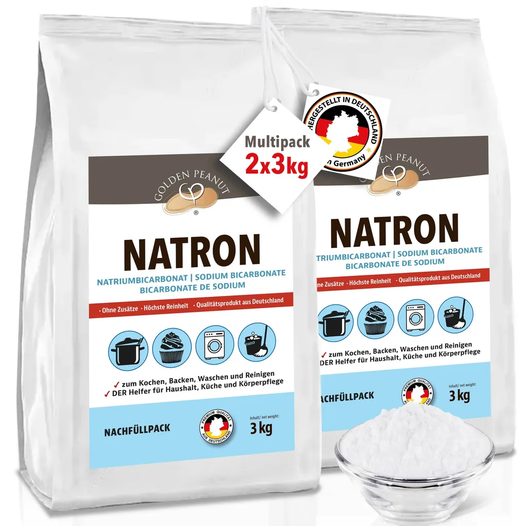 GOLDEN PEANUT Baking Soda Powder 2x3 kg - Sodium Bicarbonate, Baking Soda, Baking Powder, Washing Soda, Food Grade from Germany, Refill Pack