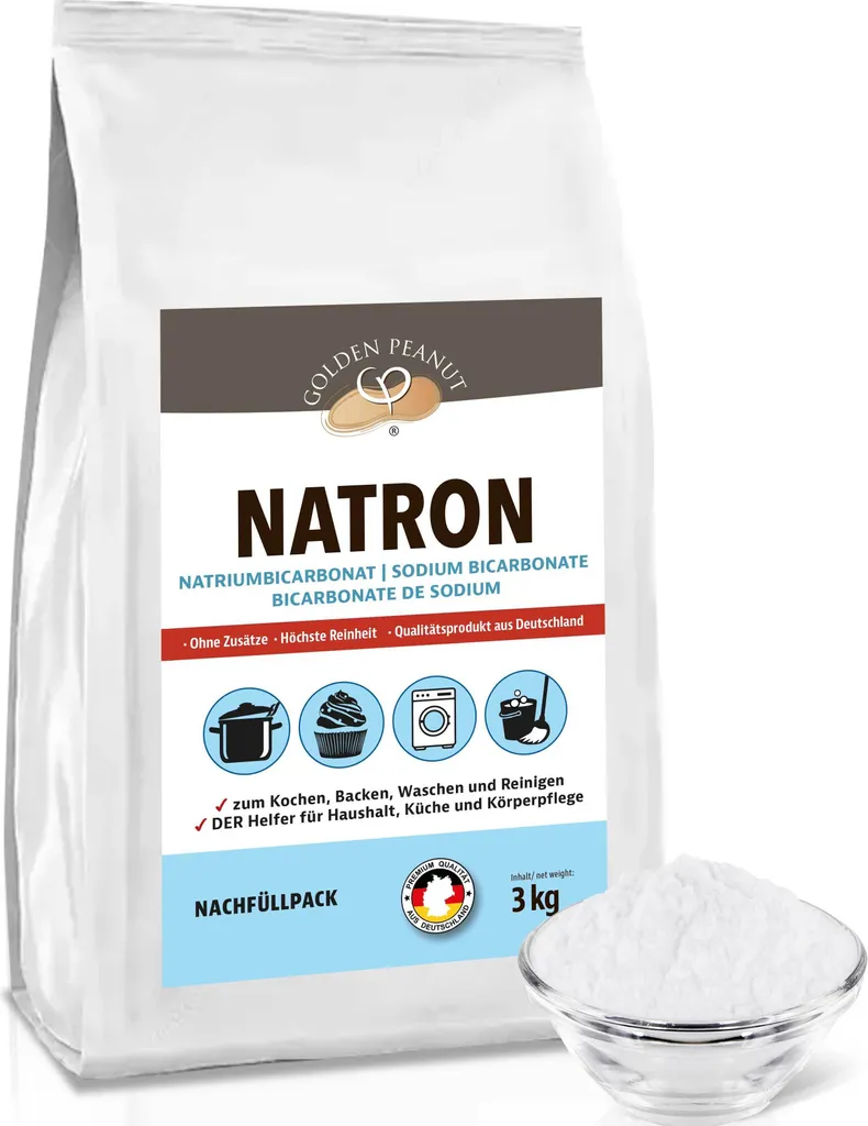 GOLDEN PEANUT Baking Soda Powder 3 kg - Sodium Bicarbonate, Baking Soda, Baking Powder, Washing Soda, Food Grade from Germany, Refill Pack