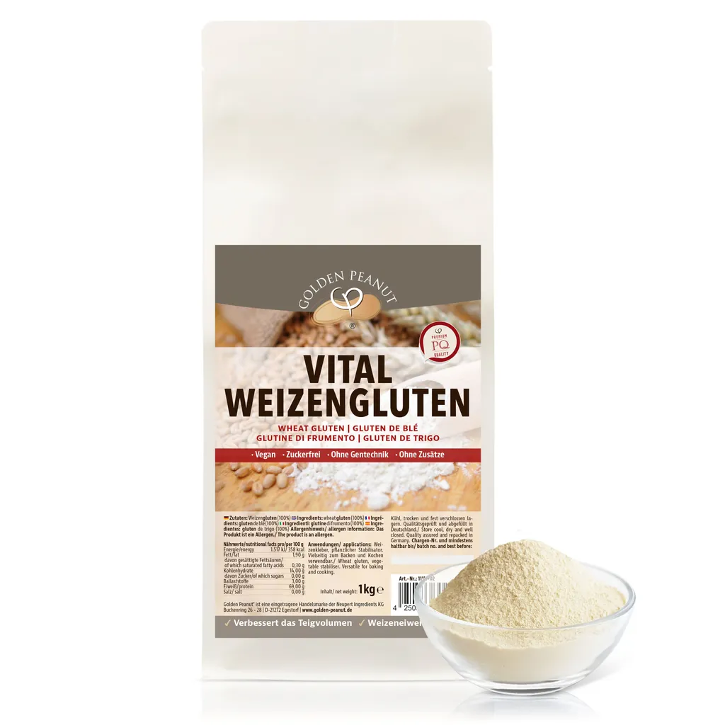 GOLDEN PEANUT Vital Wheat Gluten 1 kg - natural thickener, purely plant-based, wheat protein, seitan, low-calorie cornstarch, baking, cooking