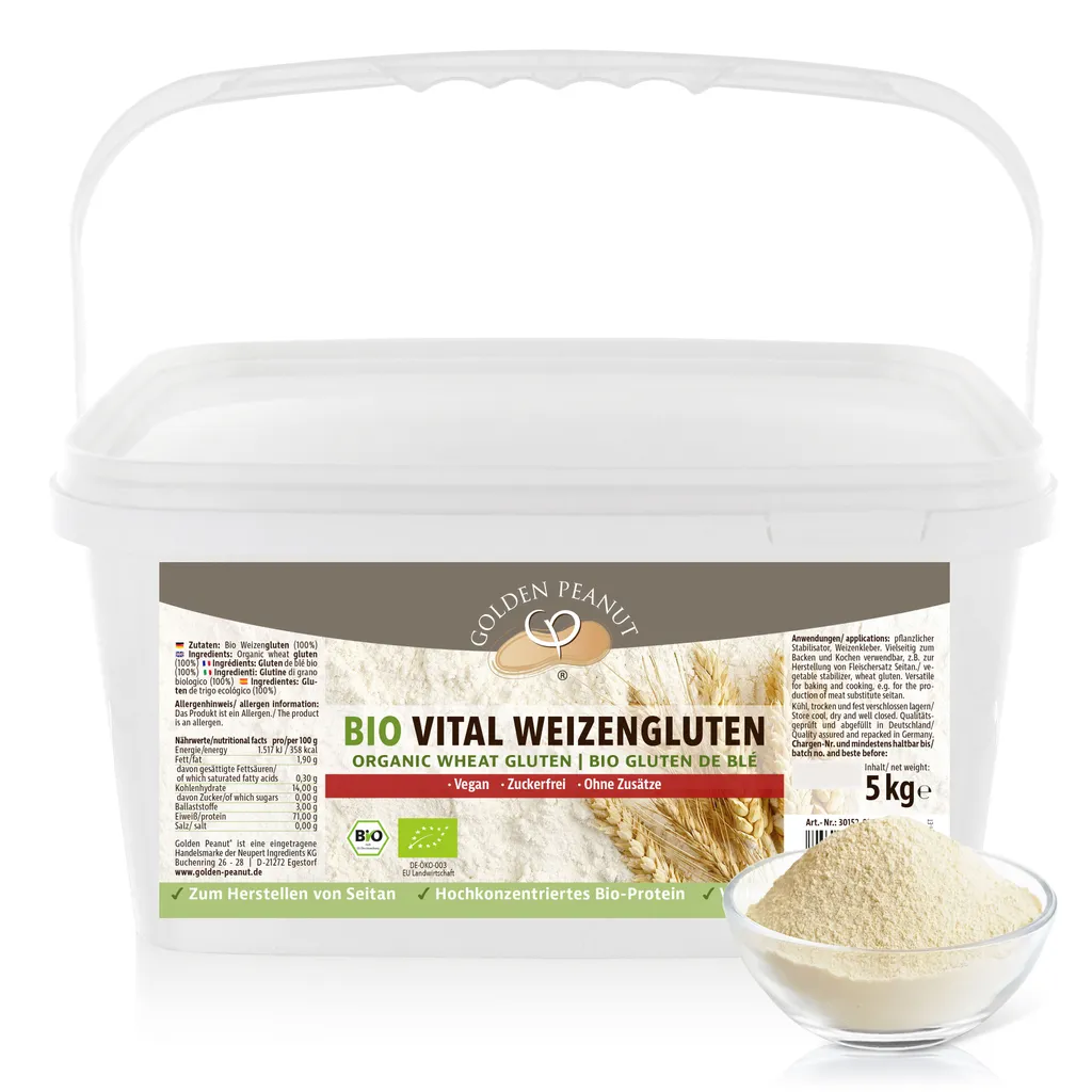 GOLDEN PEANUT Vital Wheat Gluten ORGANIC 5 kg - natural thickener, vegan wheat protein, seitan, cornstarch for baking and cooking