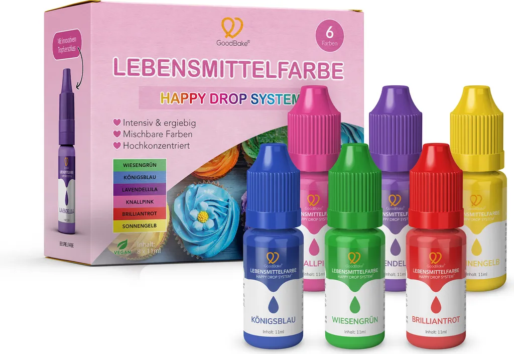 GoodBake Food Colors Intense (6 Colors), SUGAR-FREE, vegan, for baking