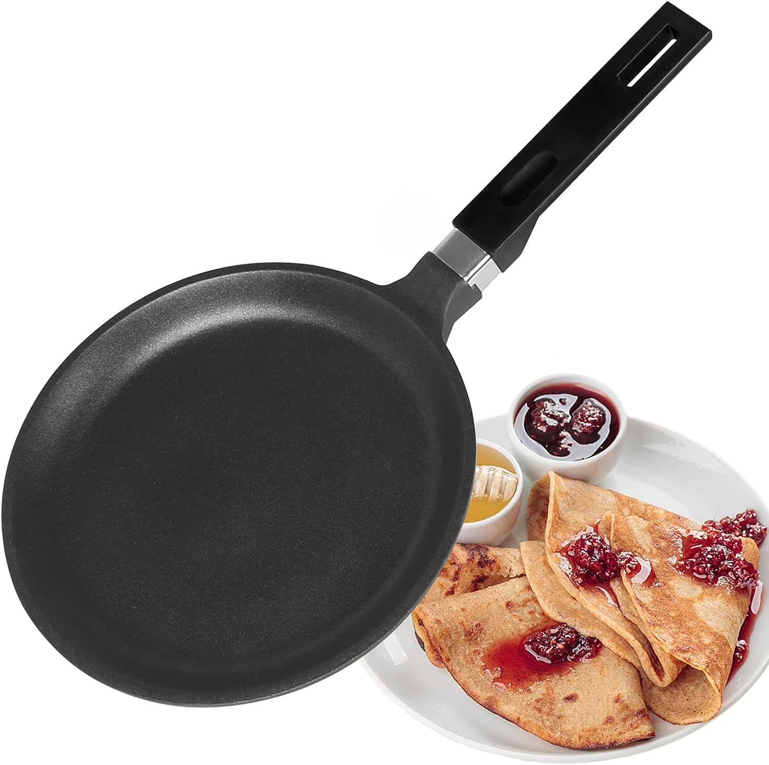 Gotoll Crepe Pan 24 cm, Induction Pancake Pan, Cast Aluminium Coated, Pancake Pan with Removable Handle, BPA-Free, Black