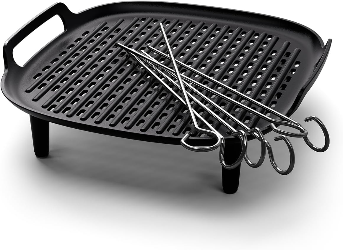 Philips Airfryer Accessories Grill Kit XXL Non-Stick Grill Plate Double Layer Cooking with 6 Skewers Dishwasher Safe Recipe App Black (HD9959/00)