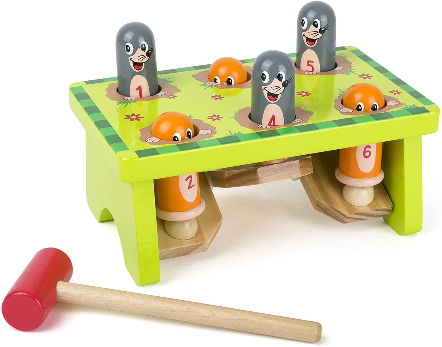 Small Foot 11162 Whack-A-Mole Bench 100% Certified Wood Robust Hammer Game Suitable for Children from 18 Months
