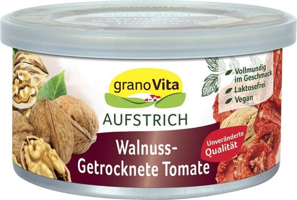 granoVita Veganer Brotaufstrich mit Walnüssen und getrockneten Tomaten - 125g x 12  - 12er Pack VPE