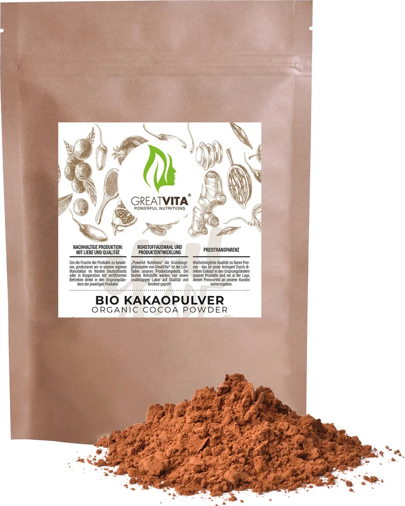 GreatVita Cocoa Powder 800g - Organic Quality | Raw powder ideal for drinks and as a baking ingredient