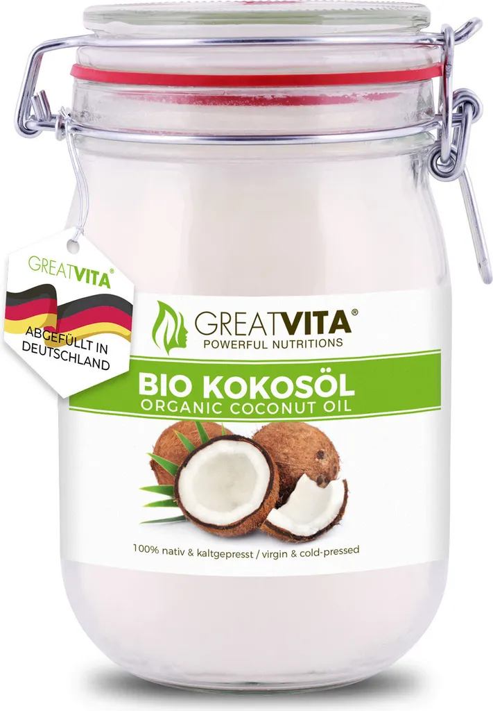 GreatVita Coconut Oil 1000 ml, virgin and cold-pressed | Coconut fat in a wire-bottomed jar | Organically grown