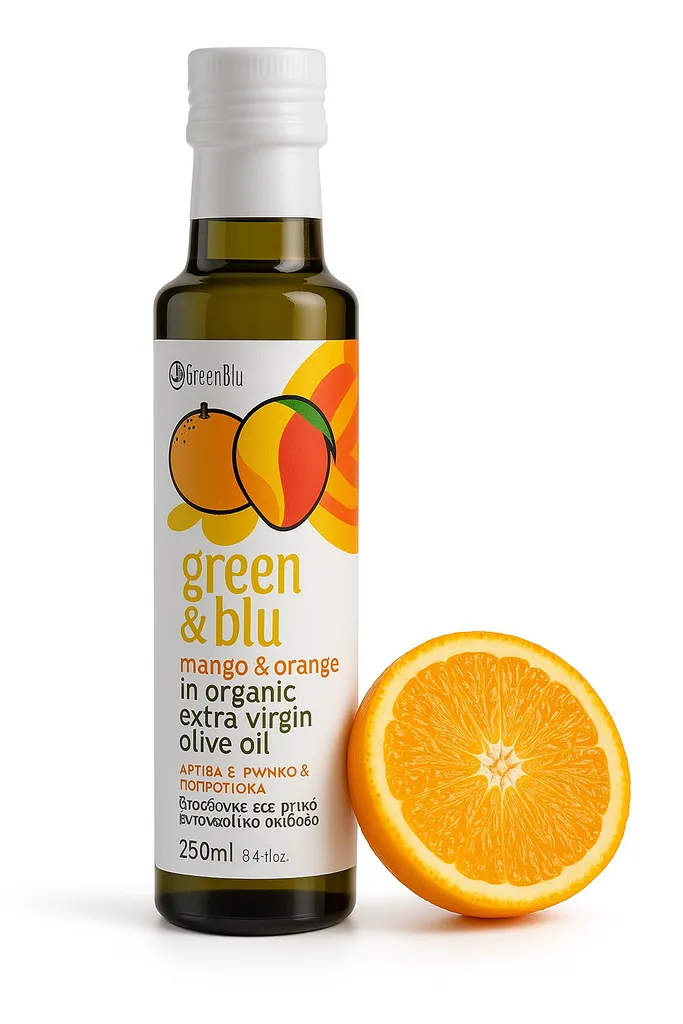 Green&blu, Flavored Olive Oil, Olive Oil 250 ml, with Mango, Virgin Orange, Greek Olive Oil, Greek Food, Olive Oil Greece
