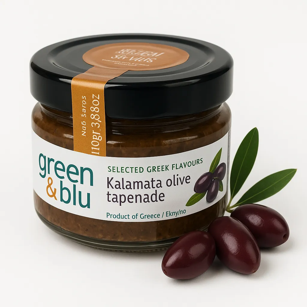 Green&blu, Griechischer Aufstrich 85g, Kalamata-Oliventapenade mit getrockneten Tomaten, Brotaufstrich, Ergänzung zu Snacks