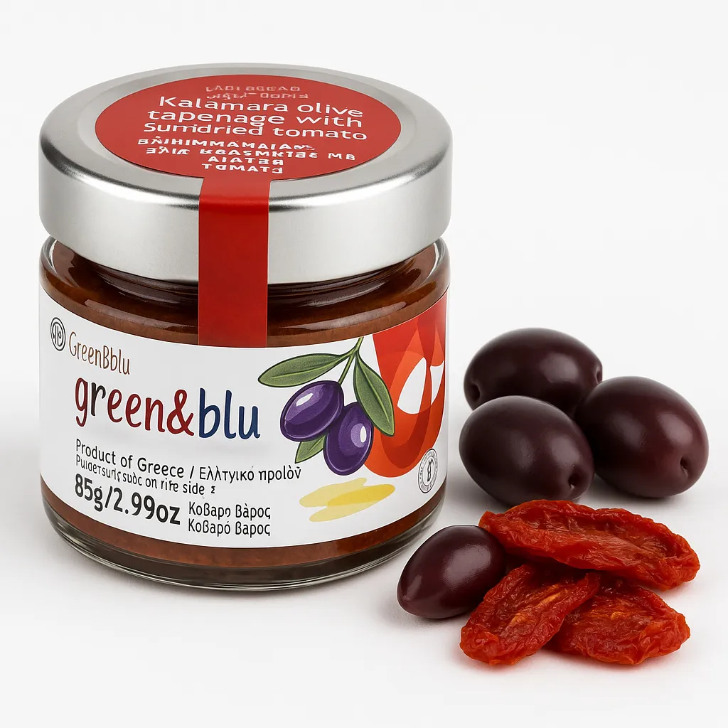 Green&blu, Kalamata-Oliven-Tapenade, Oliven Tapenade 85 g, Paste mit getrockneten Tomaten, Brotaufstrich, Ergänzung zu Snacks, Griechische Tapenade