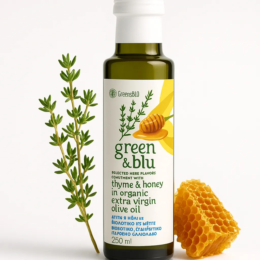 Green&Blu, Olive Oil, Olive Oil 250ml, Olive Oil with Thyme and Virgin Honey, Flavored Olive Oil, Greek Olive Oil, Greek Food