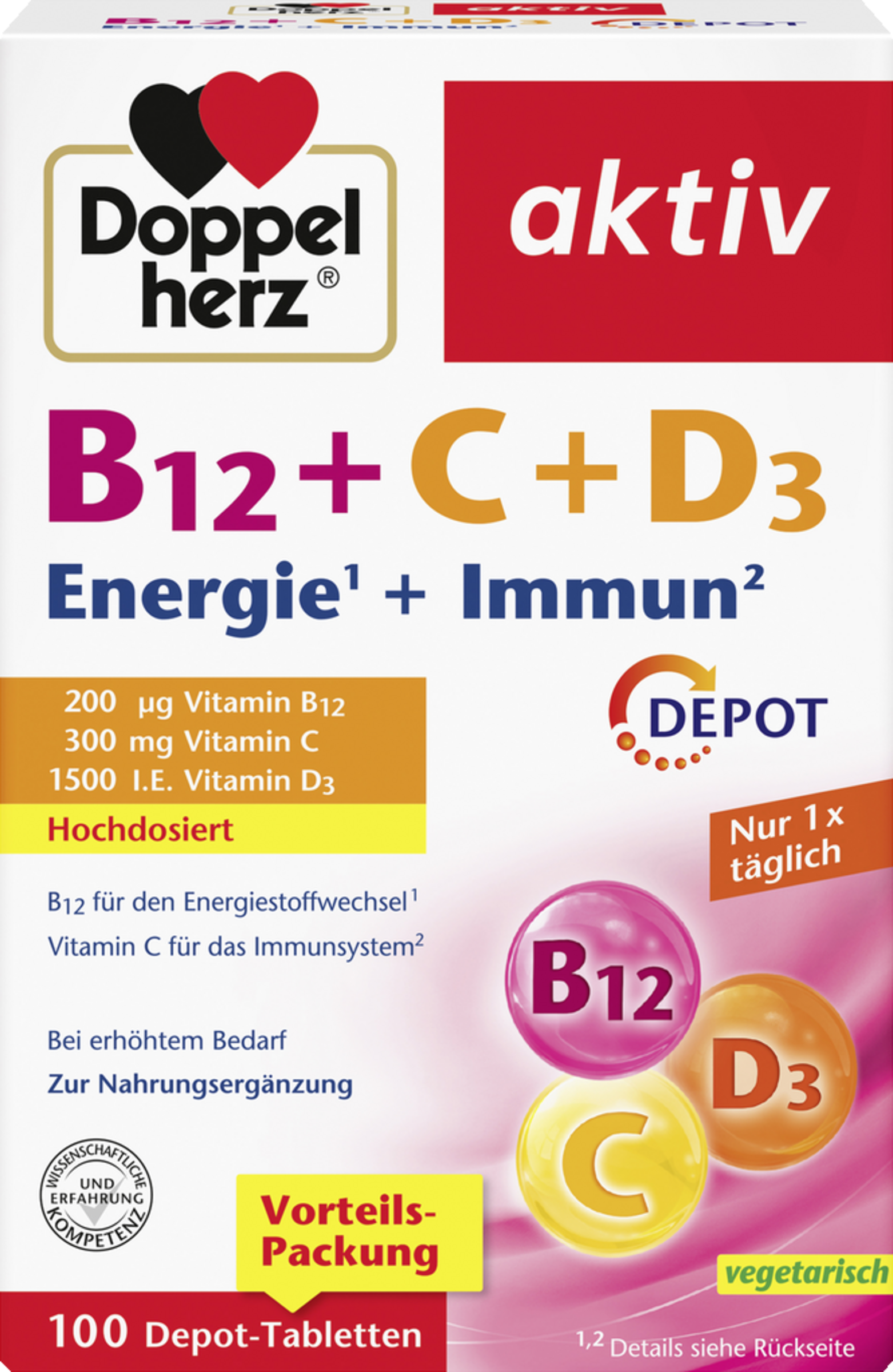 Large pack of Doppelherz active vitamin B12 + C + D3 depot tablets