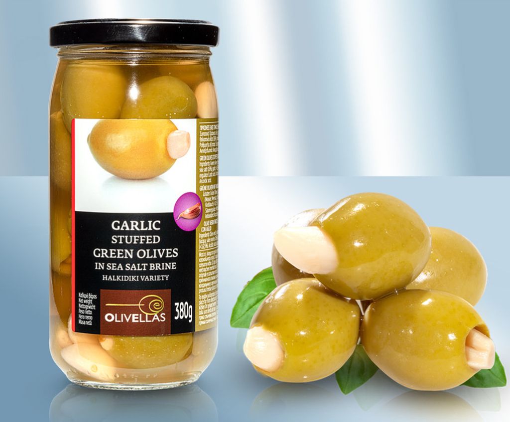 Green olives from Chalkidiki with garlic, in brine 380g