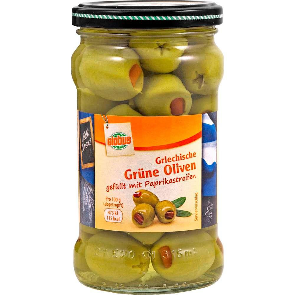 Green olives stuffed with pepper strips