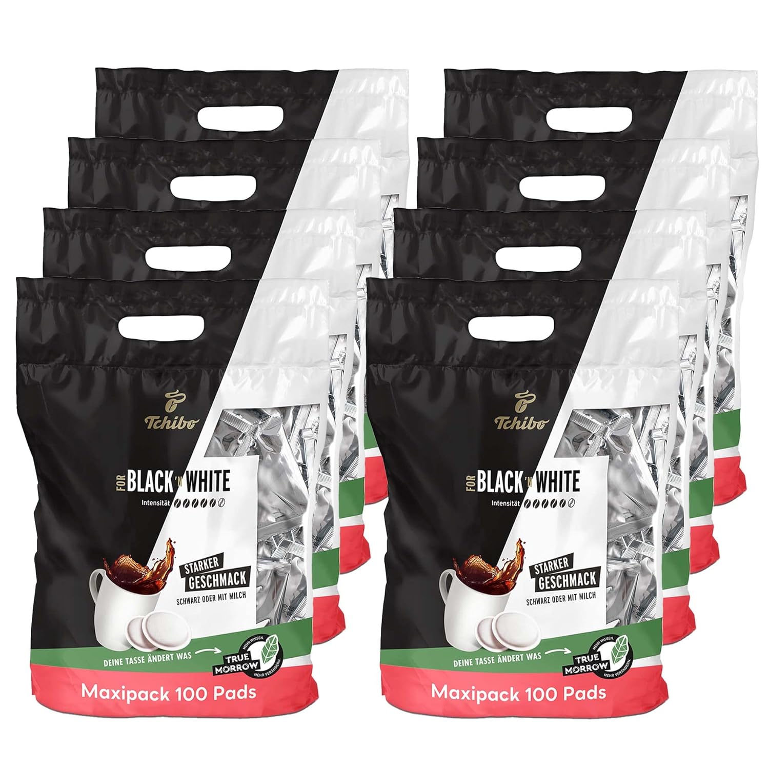 Tchibo Coffee Pads Storage Pack Maxi Pack, Black & White, 800 Pieces - 8 x 100 Pads (Coffee, Strong with Strong Taste), Sustainable, Suitable for Senseo Machines