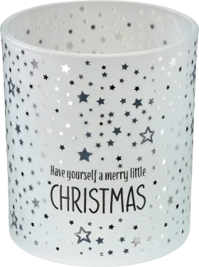 Boltze candle holder made of glass \"Have yourself a merry little CHRISTMAS\", white-silver-black, 1 piece