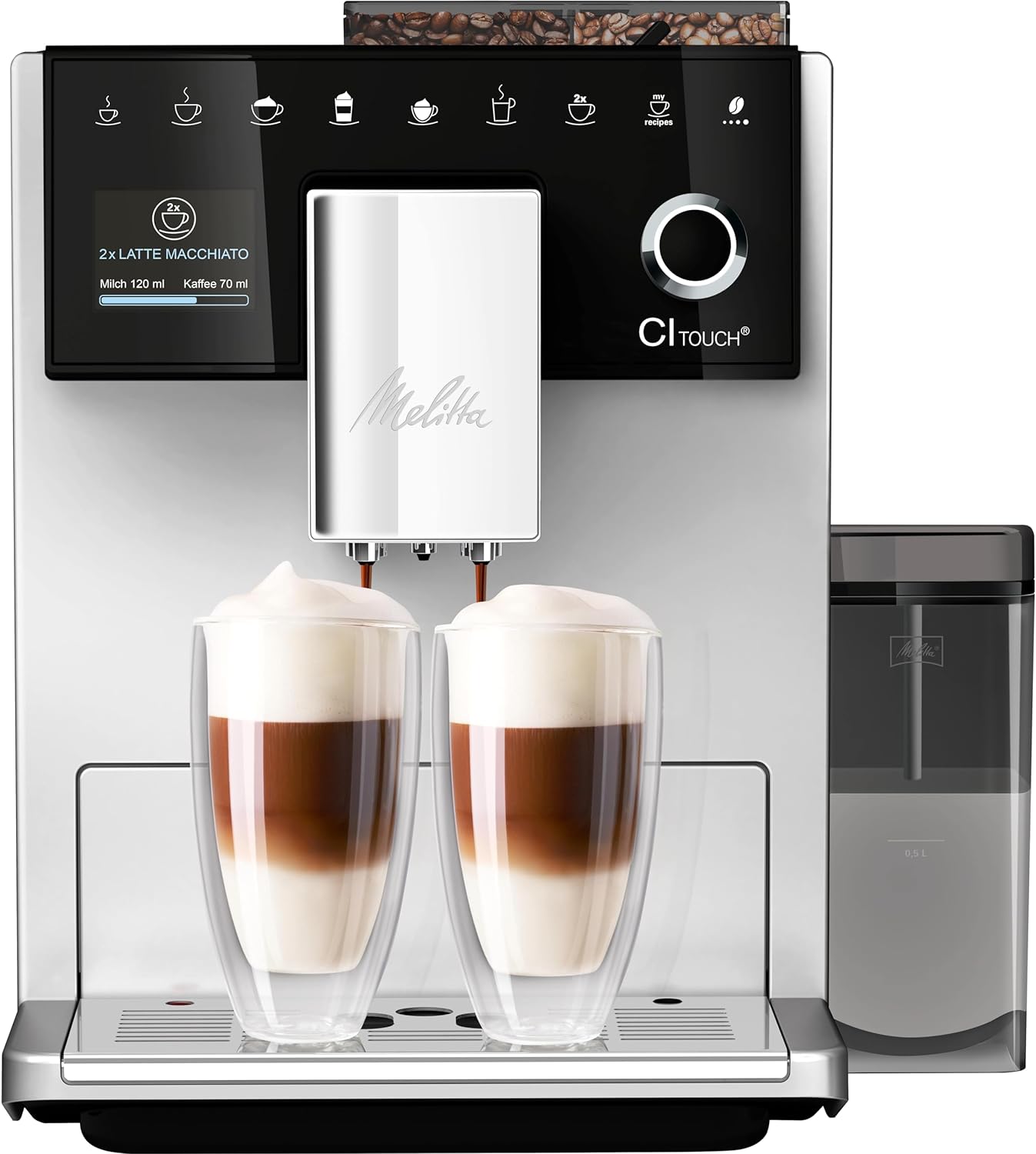 Melitta CI Touch - Fully Automatic Coffee Machine - with Milk System - Two-Chamber Bean Container - One Touch Display - 4-Level Adjustable Coffee Strength - Silver (F630-111)