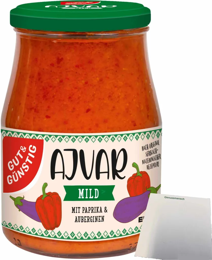 Gut& Ajvar mild with peppers and eggplant (340ml glass) + usy block