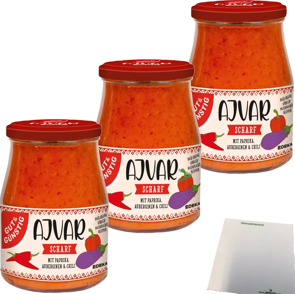 Gut& Ajvar spicy with peppers and eggplant 3-pack (3x340ml glass) + usy block