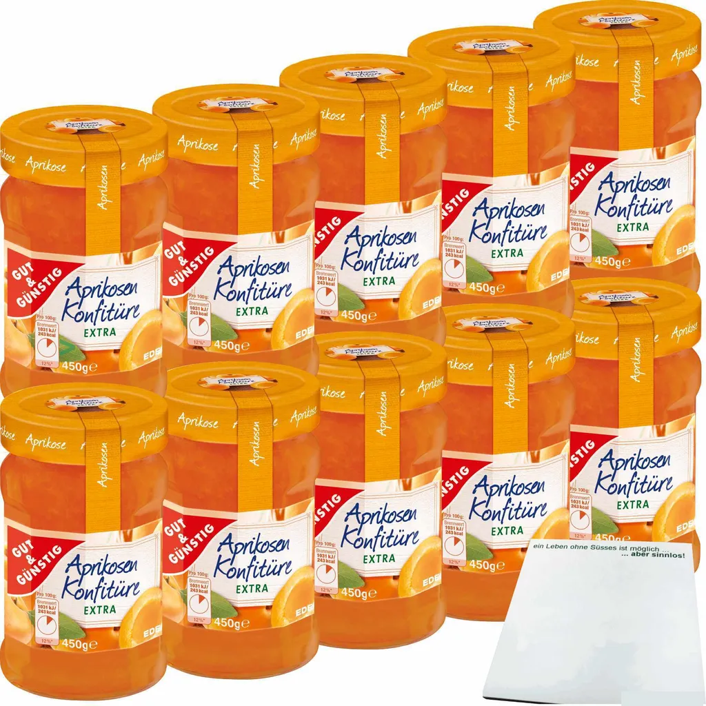 Gut& Aprikosen Konfitüre extra mit vollem Aprikosen-Aroma und 50% Frucht 10er Pack (10x450g Glas) + usy Block