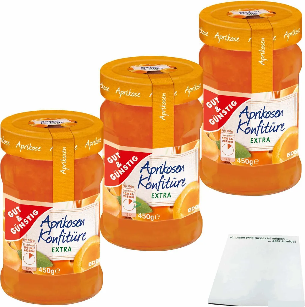 Gut& Aprikosen Konfitüre extra mit vollem Aprikosen-Aroma und 50% Frucht 3er Pack (3x450g Glas) + usy Block
