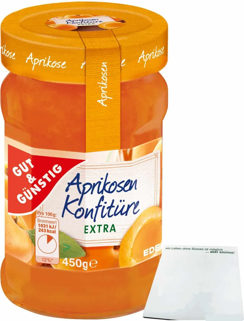 Gut& Aprikosen Konfitüre extra mit vollem Aprikosen-Aroma und 50% Frucht (450g Glas) + usy Block