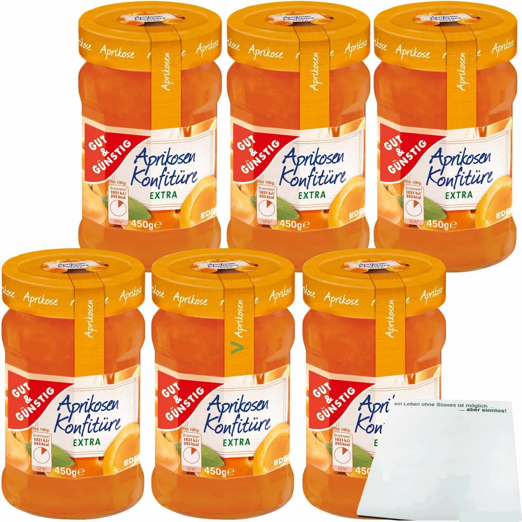 Gut& Aprikosen Konfitüre extra mit vollem Aprikosen-Aroma und 50% Frucht 6er Pack (6x450g Glas) + usy Block