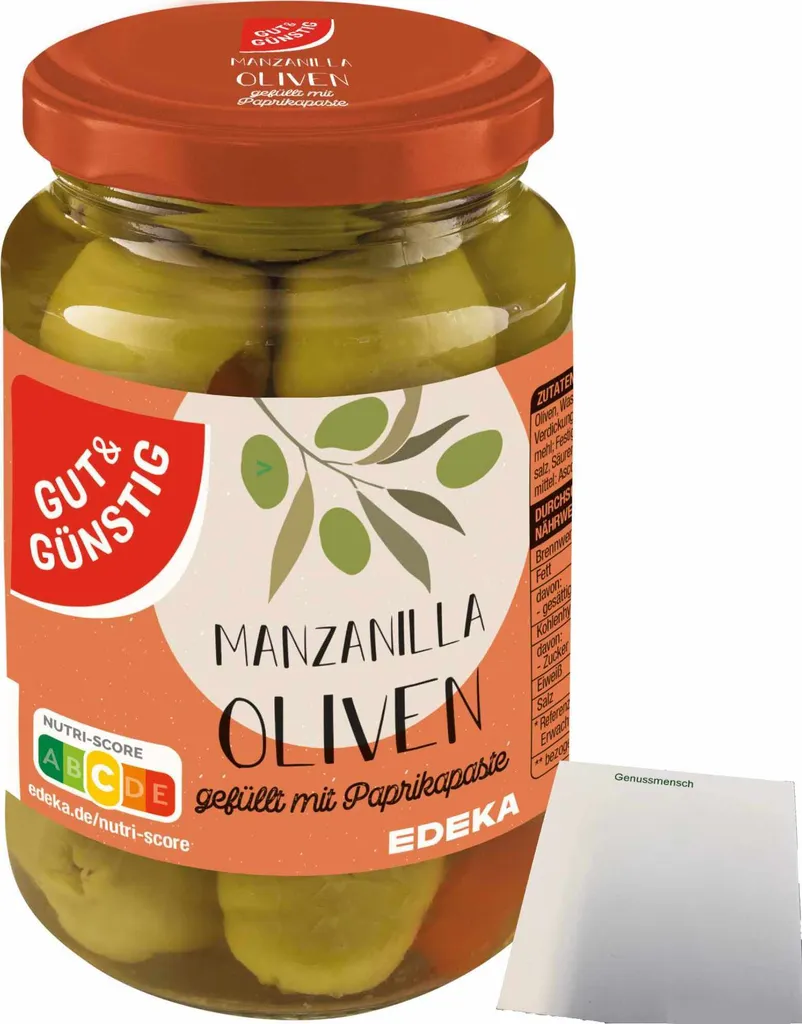Gut& Stuffed Manzanilla olives pitted filled with paprika paste (340g jar) + usy block