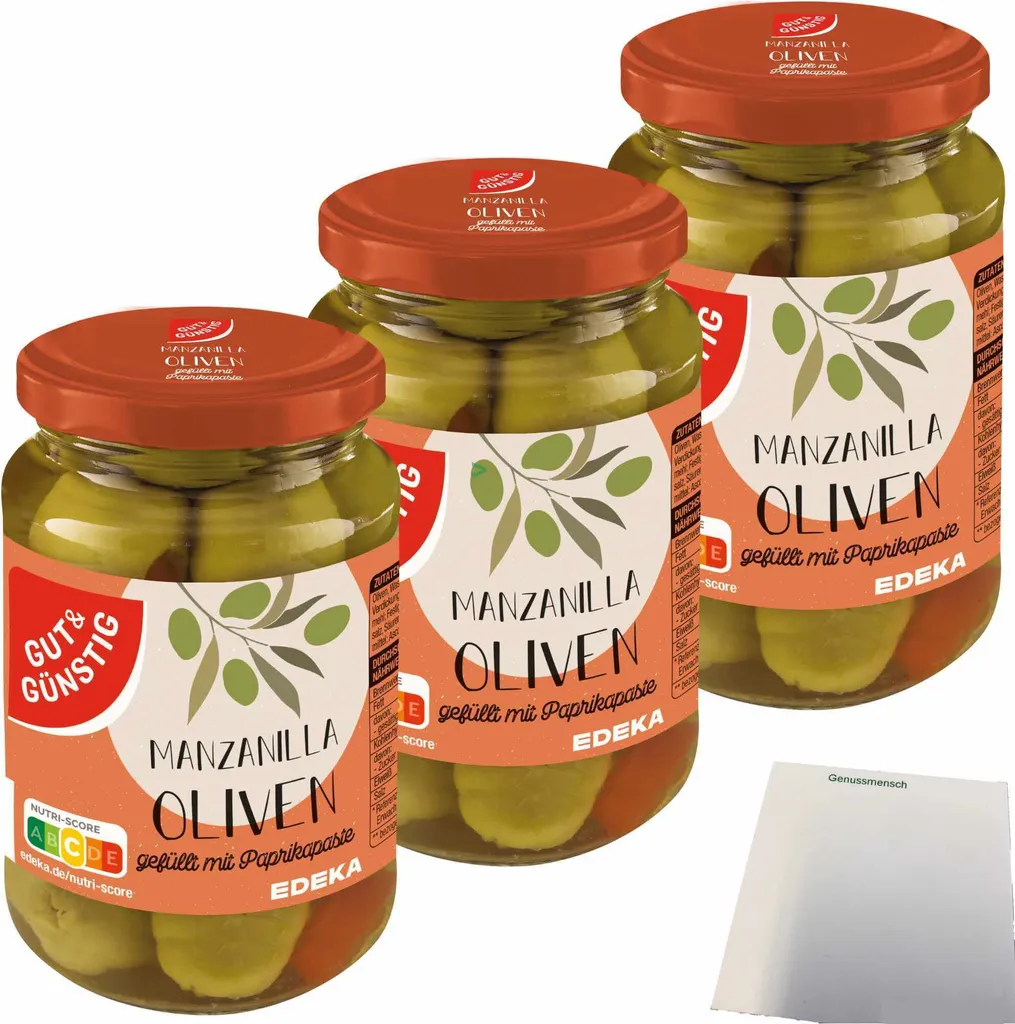 Gut& Stuffed Manzanilla olives pitted filled with paprika paste 3-pack (3x340g jar) + usy block
