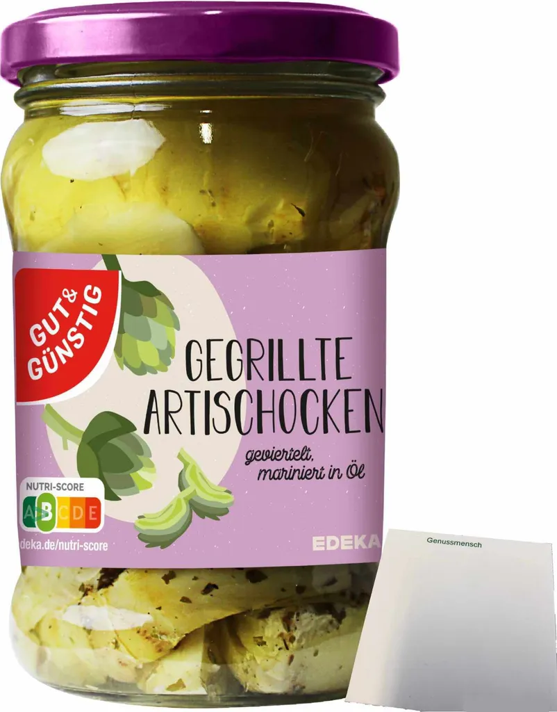 Gut& Grilled artichokes quartered in sunflower oil with Mediterranean herbs and garlic (280g jar) + usy block