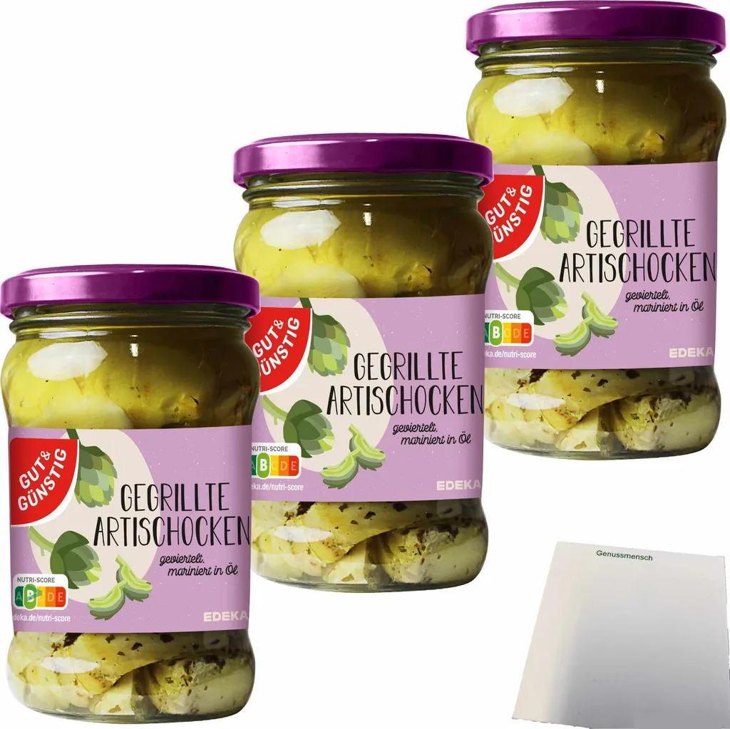 Gut& Grilled artichokes quartered in sunflower oil with Mediterranean herbs and garlic 3-pack (3x280g jar) + usy block