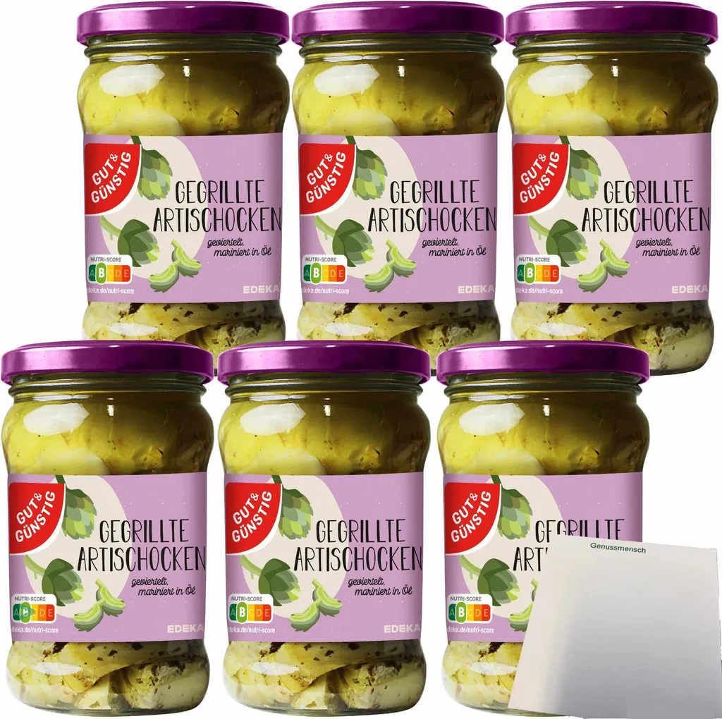 Gut& Grilled artichokes quartered in sunflower oil with Mediterranean herbs and garlic refined 6-pack (6x280g jar) + usy block
