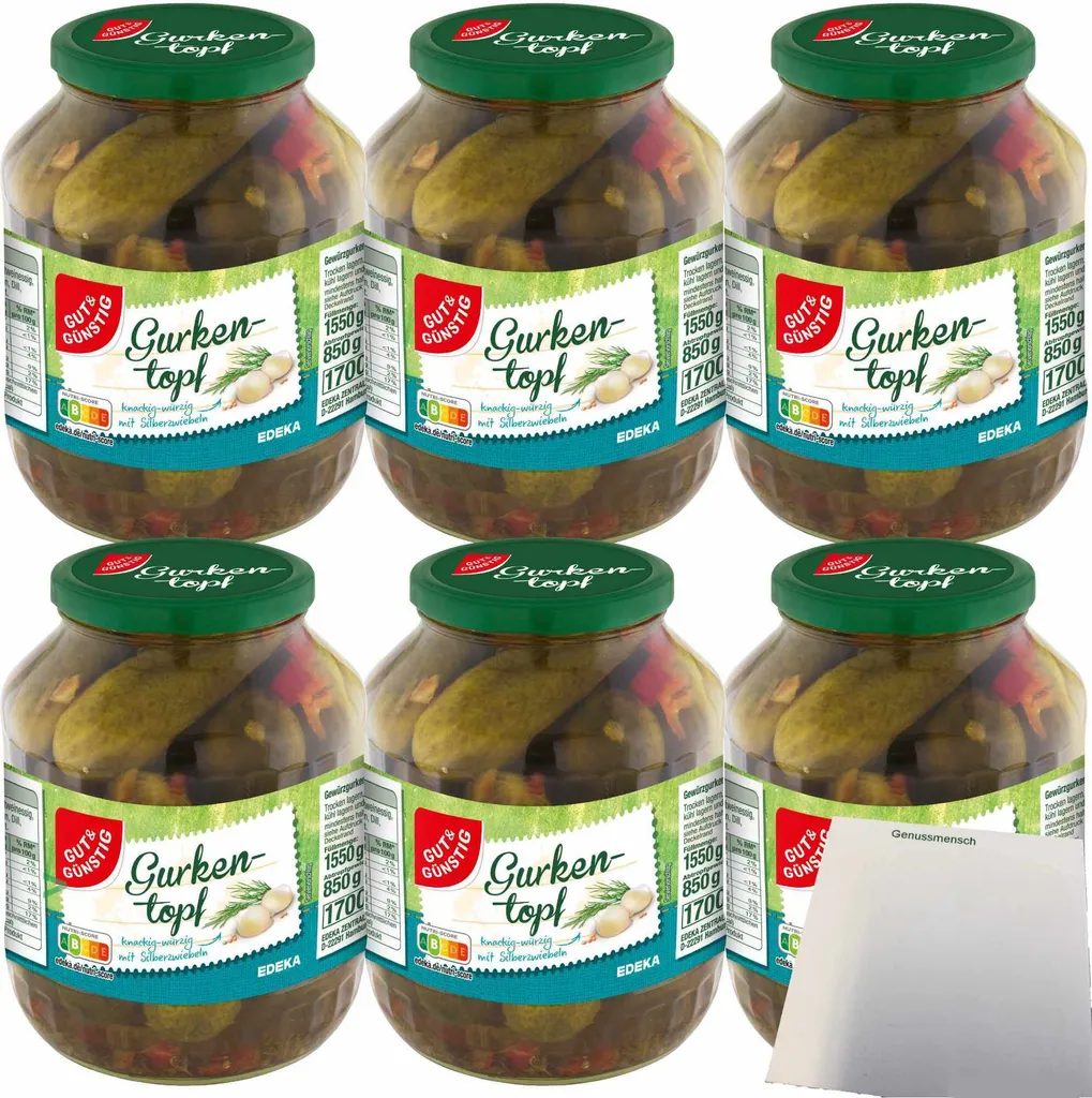 Gut& Cucumber Pot crunchy and spicy with pearl onions 6-pack (6x850g ATG) + usy Block