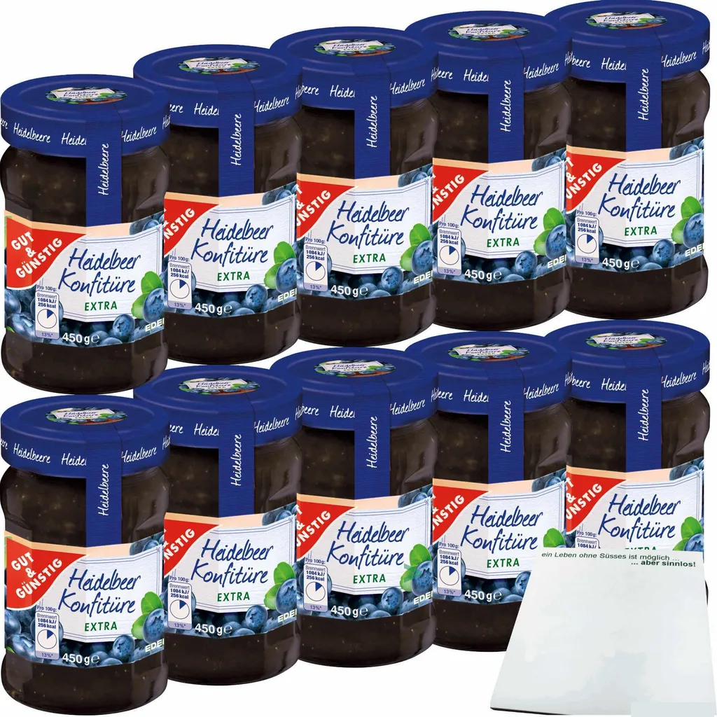 Gut& Heidelbeer Konfitüre Extra mit 50% Frucht 10er Pack (10x450g Glas) + usy Block