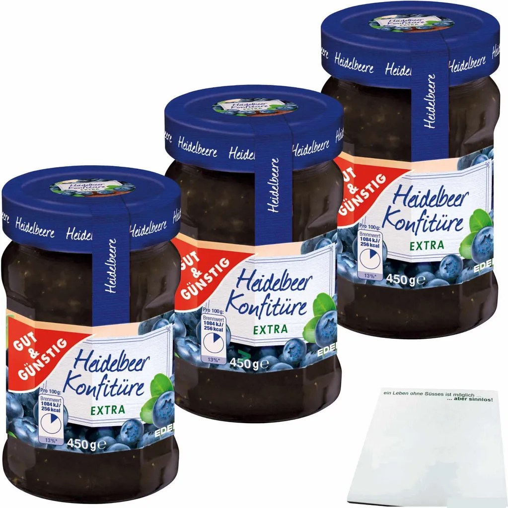Gut& Heidelbeer Konfitüre Extra mit 50% Frucht 3er Pack (3x450g Glas) + usy Block