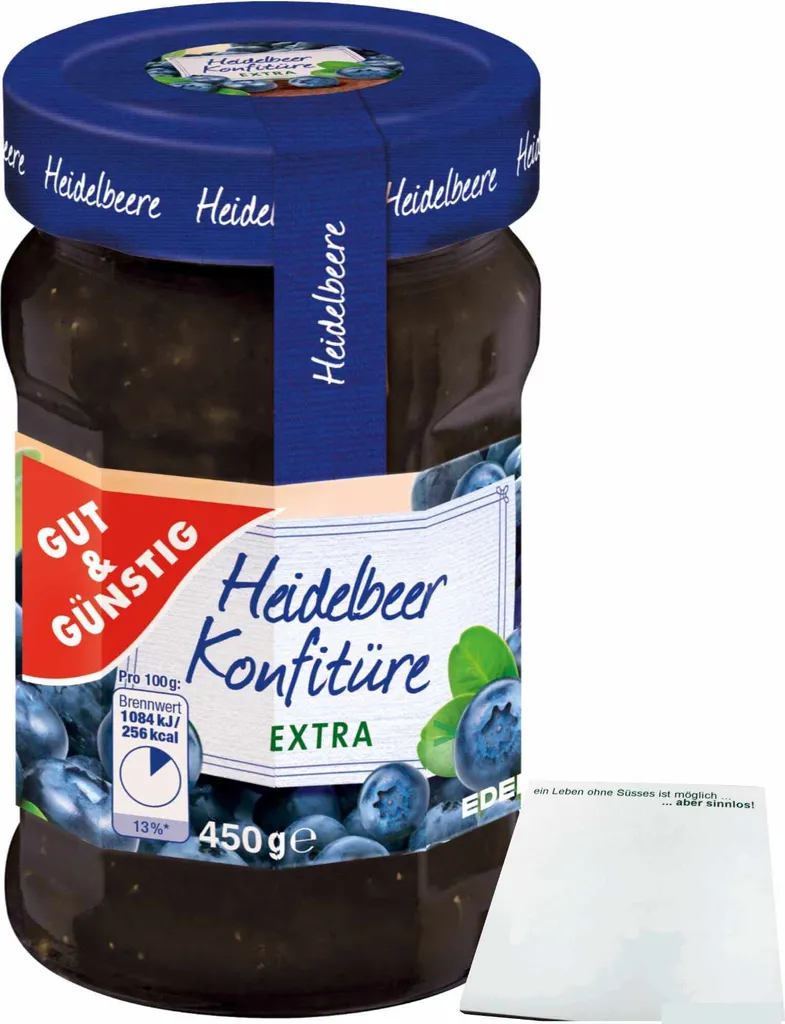 Gut& Heidelbeer Konfitüre Extra mit 50% Frucht (450g Glas) + usy Block