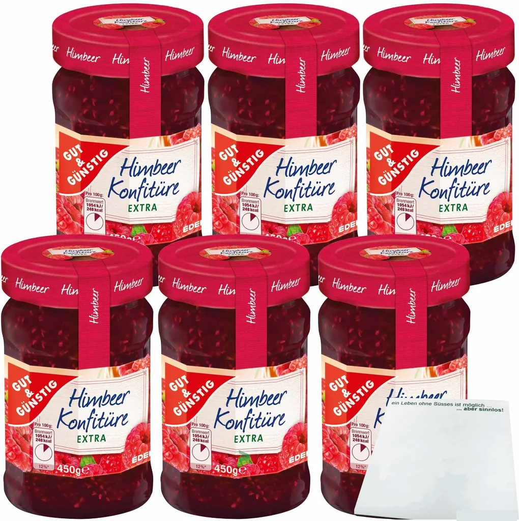 Gut& Himbeer Konfitüre extra ausgeprägter Himbeergeschmack und 50% Frucht 6er Pack (6x450g Glas) + usy Block