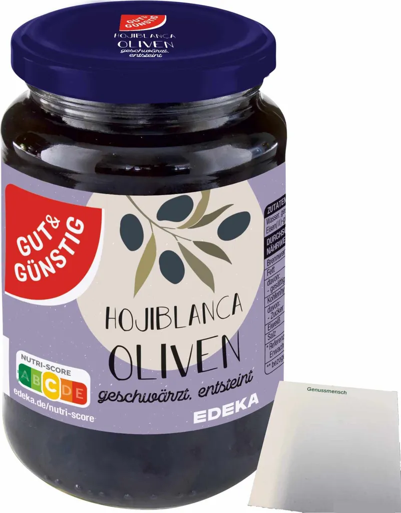Gut& Hojiblanca olives blackened pitted (340g jar) + usy block