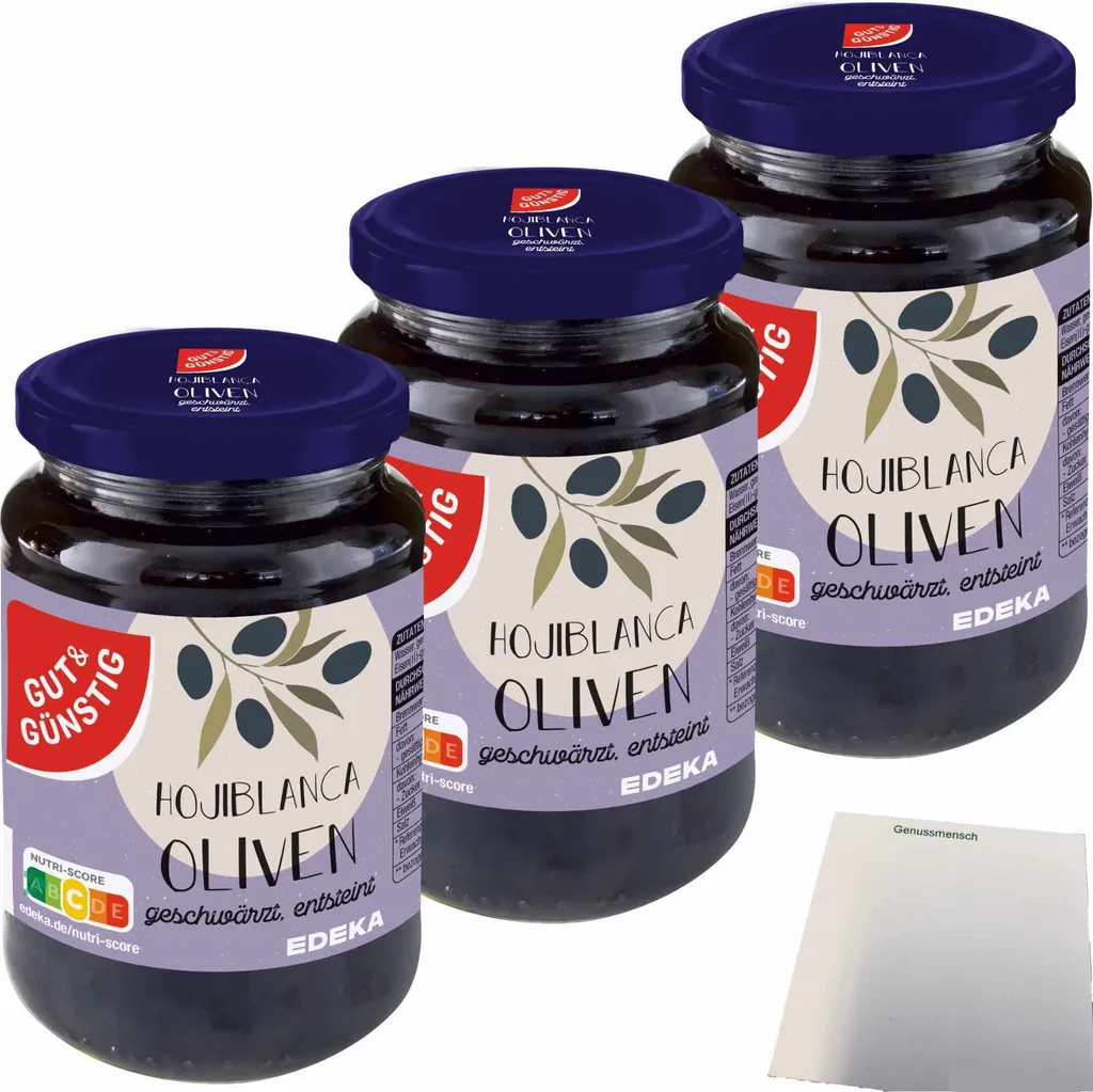 Gut& Hojiblanca olives blackened pitted 3-pack (3x340g jar) + usy block