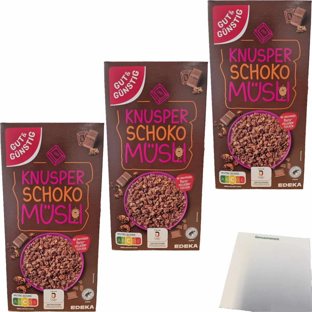 Gut& Knusper Schoko Müsli mit knusprigen Hafervollkornflocken 3er Pack (3x600g Packung) + usy Block
