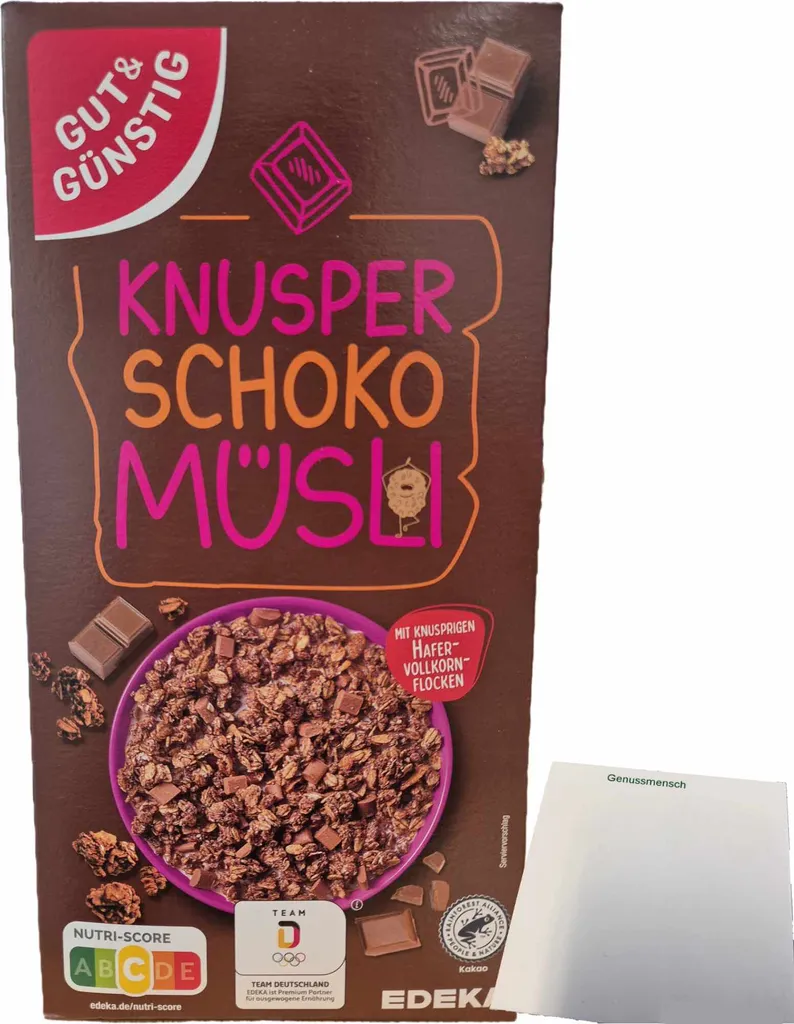 Gut& Knusper Schoko Müsli mit knusprigen Hafervollkornflocken (600g Packung) + usy Block
