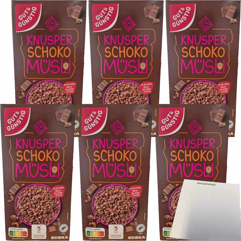Gut& Knusper Schoko Müsli mit knusprigen Hafervollkornflocken 6er Pack (6x600g Packung) + usy Block