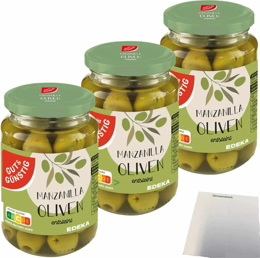 Gut& Manzanilla olives green pitted 3-pack (3x340g jar) + usy block