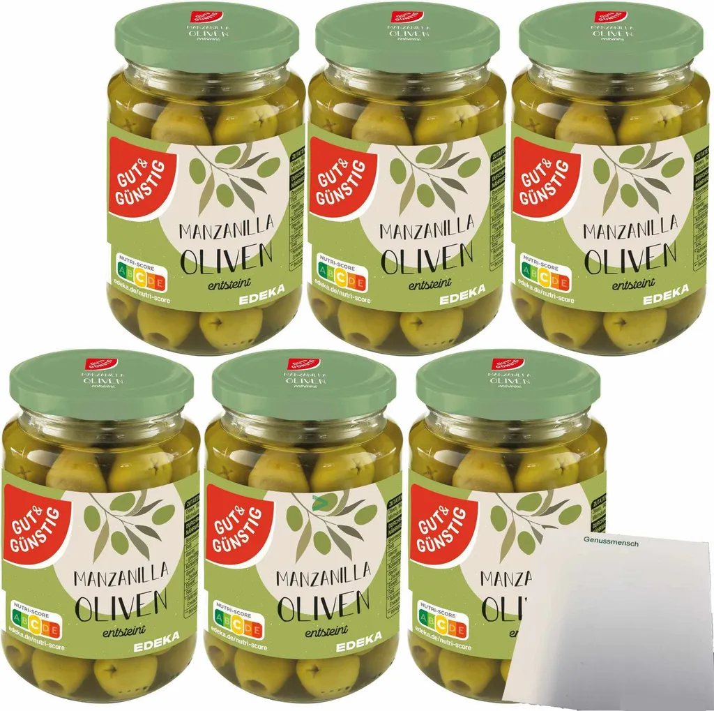 Gut& Manzanilla olives green pitted 6-pack (6x340g jar) + usy block