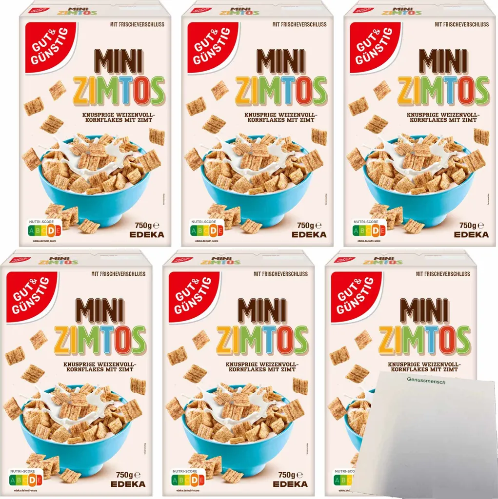 Gut& Mini Zimtos Vollkornweizenflakes mit Zimtgeschmack Cerealien 6er Pack (6x750g Packung) + usy Block