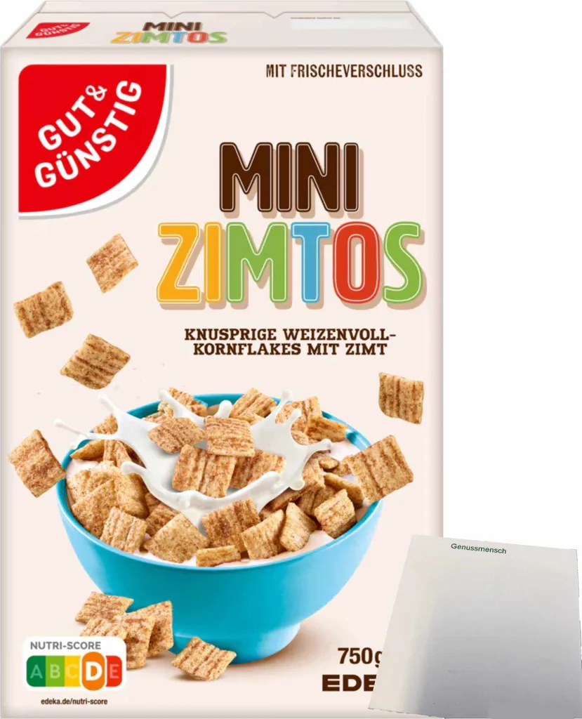 Gut& Mini Zimtos Vollkornweizenflakes mit Zimtgeschmack Cerealien (750g Packung) + usy Block
