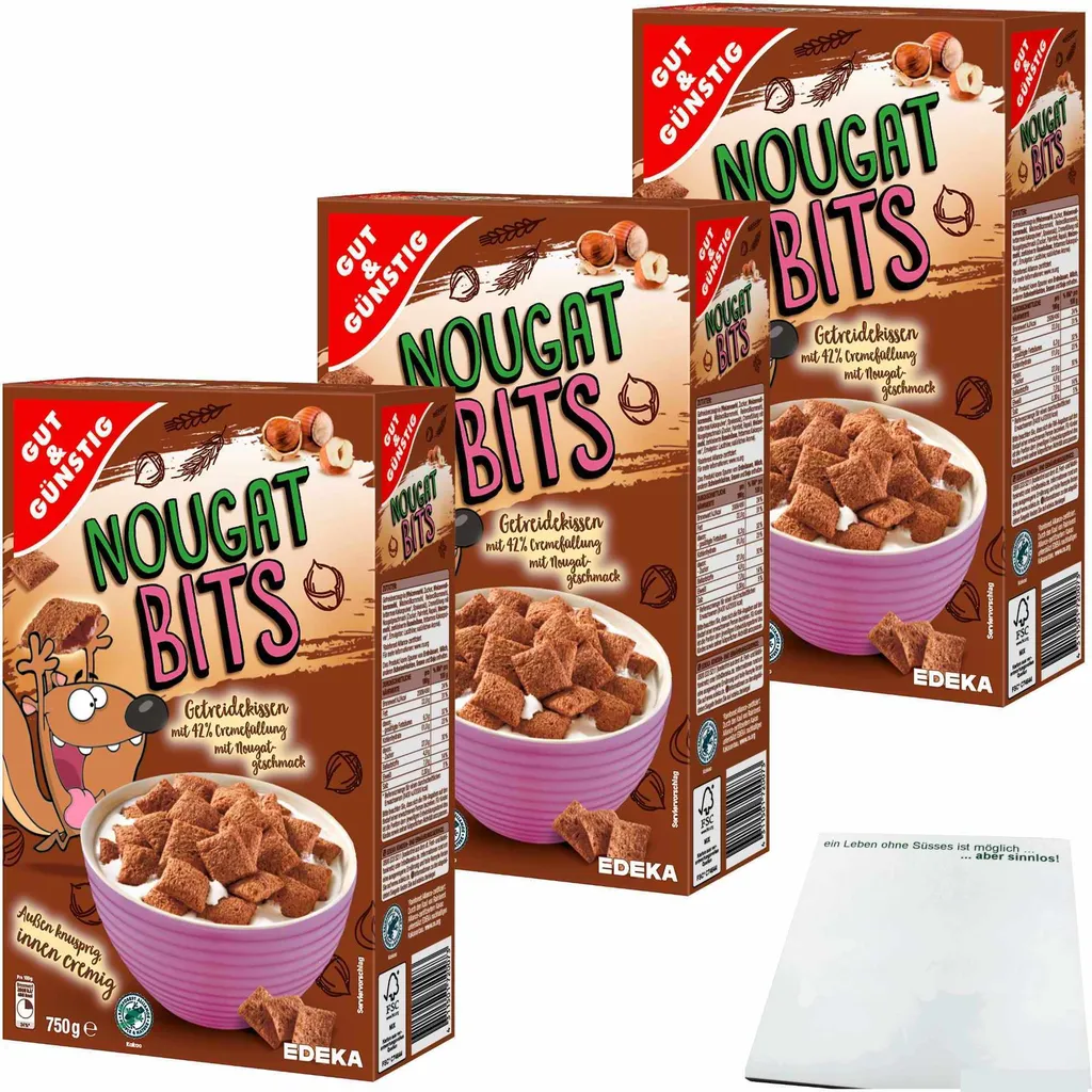 Gut& Nougat Bits cereal pillows with creamy nougat filling 3-pack (3x750g pack) + usy block
