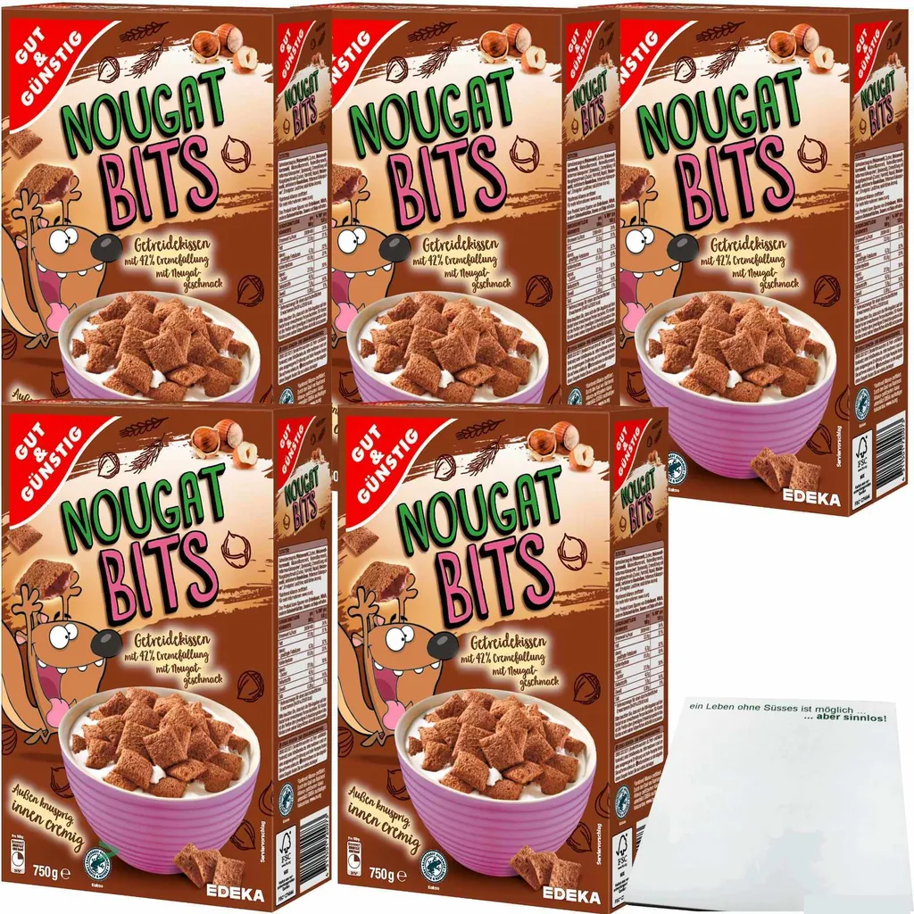 Gut& Nougat Bits cereal pillows with creamy nougat filling 5-pack (5x750g pack) + usy block