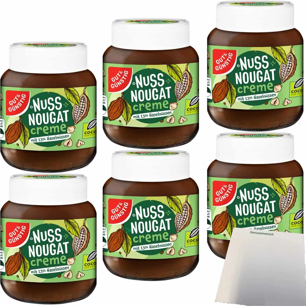 Gut& Nuss-Nougat-Creme mit 13% Haselnüssen 6er Pack (6x400g Glas) + usy Block
